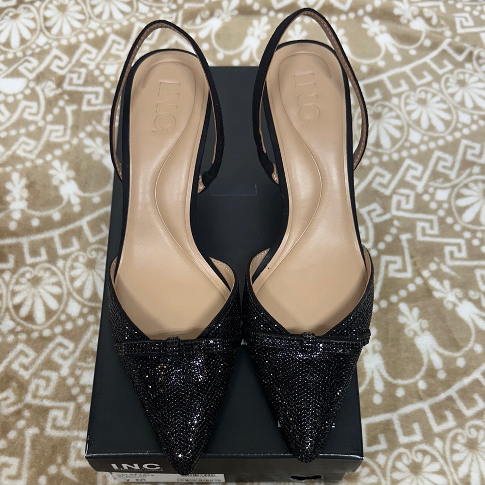 INC International Concepts Black Glitter Pointed-Toe Slingback Heels